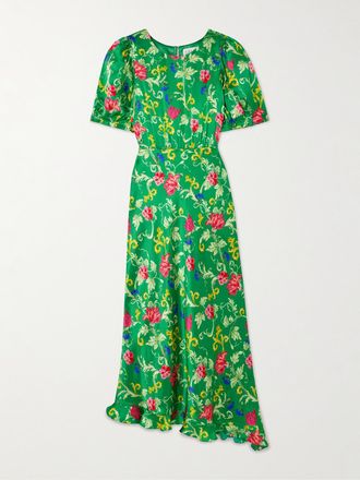 Saloni Abito In Raso Di Seta Floreale Con Ruches Vida D - Verde