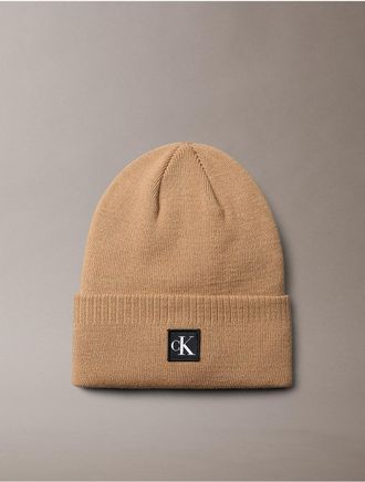 Calvin Klein Mens Monogram Embroidery Cuff Beanie - Brown