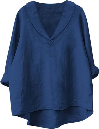 Generic Summer Tops for Women UK V Neck Elegant Ladies Blouse Lapel Cotton Linen Shirts Long Sleeve Loose Tunic Tops Solid Casual Dressy Work Tops V Neck Gauz