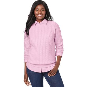 Jessica London Cable Crewneck Sweater in Pink at Nordstrom, Size Small