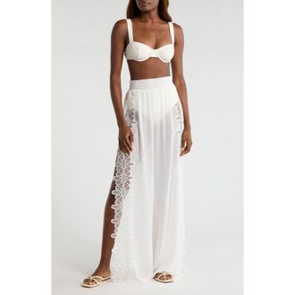 Ramy Brook Athena Lace Semisheer Split Hem Wide Leg Cover-Up Pants in White at Nordstrom, Size Xx-Small
