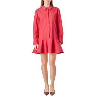 English Factory Ruffle Hem Long Sleeve Mini Shirtdress in Red at Nordstrom, Size X-Small