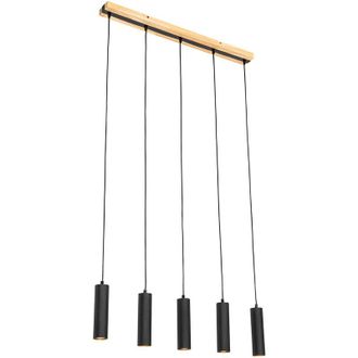QAZQA Moderno L&aacute;mpara Colgante Moderna Negra Con Madera 5-luces - Jeana Acero / Alargada Adecuado Para Led Max. 5 X 7 Watt - Qazqa