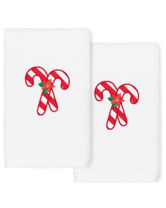 Linum Home Textiles Christmas Candy Canes White Hand Towels (Set Of 2)
