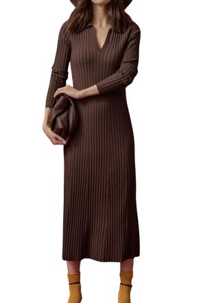 Lilla P Long Sleeve Rib Henley Midi Dress In Mink