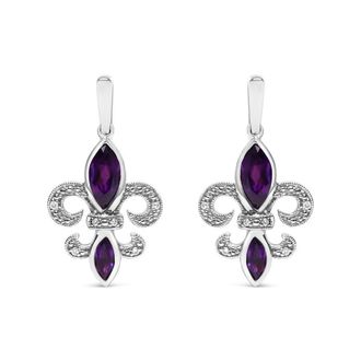 House of Brilliance 925 Sterling Silver Marquise Cut Amethyst and Diamond Accent Fleur De Lis Dangle Stud Earrings (H-I Color, SI1-SI2 Clarity)