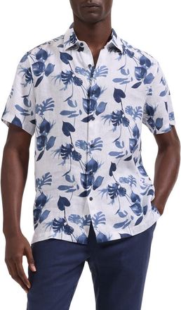 Bugatchi Orson Shaped Fit Leaf Print Short Sleeve Button-Up Shirt in Navy at Nordstrom, Size Xxx-Large