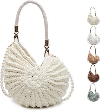 Generic Handwoven Fashion Seashell Bag,Boho Clutch with Pearl Strap,Crochet Beach Bags with Leather Handle & Premium Hardware (Milky white)