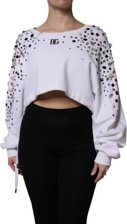 Dolce & Gabbana White Embellished Long Sleeve Cropped Womens Sweater