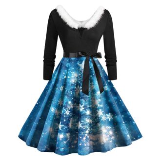 Generic Christmas Dresses for Women Glad Rags Vintage Elegant A Line Christmas Fancy Dress Formal Dresses for Women Multi Colored Vintage Printed Holiday Long