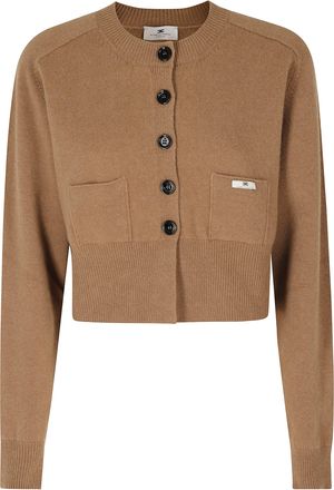 Elisabetta Franchi Cropped Brown Cardigan with Button Closure and Ribbed Edges