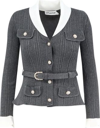 Self Portrait Geribbelde Gebreide Cardigan - Dames - Vesten - Grijs - L - Wol - Truien & Vesten