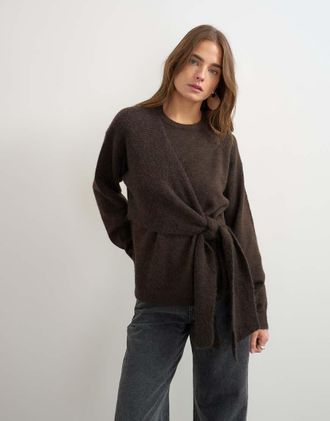 Topshop maglione lavorato con nodo sul davanti in lana e alpaca color tabacco-Marrone