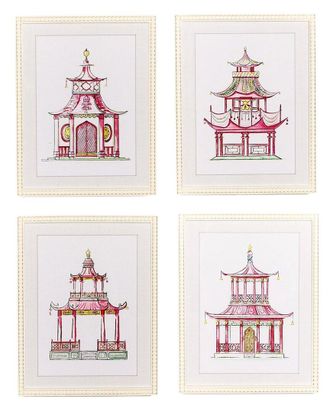Two's Company Set Of 4 Pagoda Beaded Framed Wall Art Prints