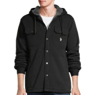 U.S.Polo Association U. S. Polo Assn. Shacket Mens Black Sherpa Fleece Hooded Button Front GBO2819