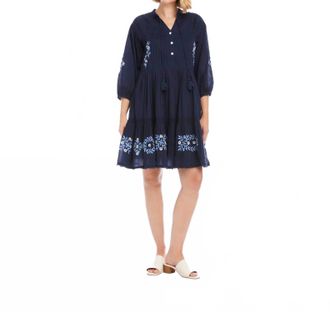 Karen Kane Blouson Sleeve Embroidered Lace Trim Tiered Dress In Navy