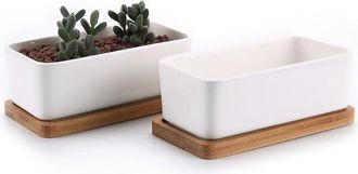 OEM Maceta De Cer&aacute;mica De 17 Cm Para Suculentas Con Bandeja De Bamb&uacute; Blanca, Juego De 2, Maceta Para Cactus, Contenedor De Flores, Regalo Para Cumplea&ntilde;os 