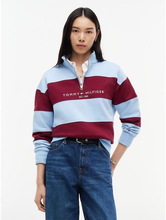 Tommy Hilfiger Womens Tommy Logo Quarter-Zip Sweatshirt - Blue/Red Stripe - XXL