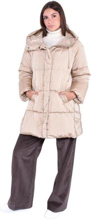Max Mara Midi parka met capuchon met trekkoord en horizontaal gestreept doorgestikt motief - Dames - Dons jassen - Beige - XS - Leer - Jassen