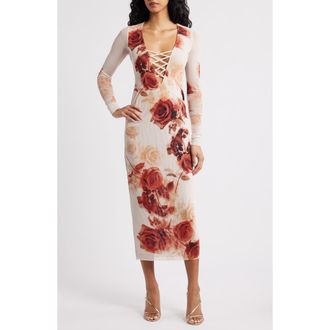 AFRM Cambria Print Long Sleeve Mesh Midi Dress in Sepia Roses at Nordstrom Rack, Size X-Large