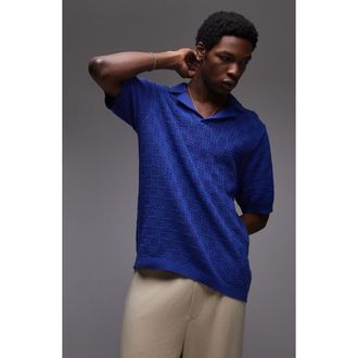 Topman Johnny Collar Check Pattern Cotton Polo Sweater in Medium Blue at Nordstrom, Size X-Large