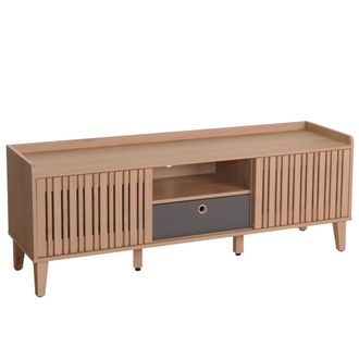 Hhg Hhg - Nunca Usado] Mueble Tv 421, Mueble Tv Lowboard, Puerta Corredera 56x150x40cm, Beige, Caj&oacute;n Gris