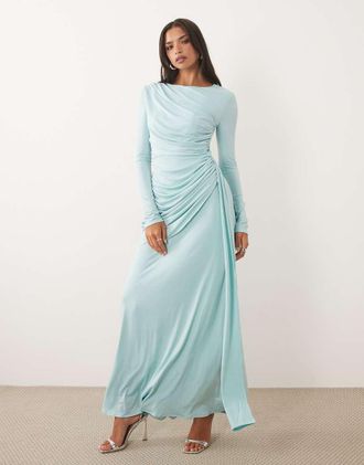 Tfnc Vestito lungo sinuoso drappeggiato con gonna a ruota arricciata azzurro chiaro-Blu