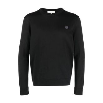 Maison Kitsuné Round-neck Knitwear, male, Black, Size: M Fox Logo Patch Sweater