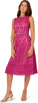 Adrianna Papell Womens Lace Midi Dress - Pink - Size 14 UK