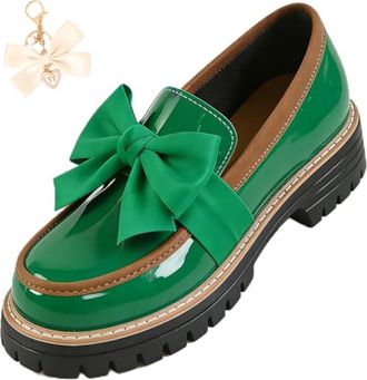 Generic Bowknot Retro Thick-Soled Shoes, 2026 Patent Leather Slip-On Flats Chunky Platform for Office Business Daily Wear (Green-a, Adult, Women, 5.5, Numeric