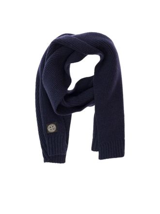 Stone Island Wool-Cashmere Blend with Logo Patch Scarf - Blue