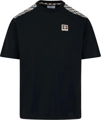 Aquascutum Check Shoulder T-Shirt - Heren - T-shirts - Zwart - S - Katoen - Tops