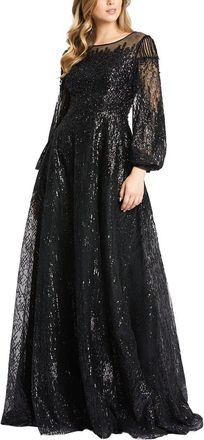 Mac Duggal Encrusted Illusion Long Sleeve A Line Gown