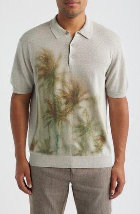 Bugatchi Palm Tree Graphic Linen & Cotton Polo Sweater in Limestone at Nordstrom, Size X-Large