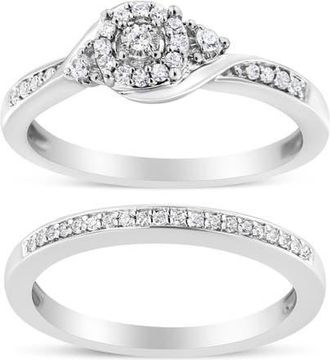 House of Brilliance Silver 1/4 Cttw Diamond Halo and Swirl Engagement Ring and Wedding Band Set in White at Nordstrom, Size 7