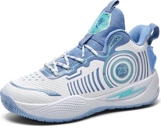 Generic Mens Basketball Shoes High Top Anti Slip Shock-Absorbing Running Fashionable Durable Training Boots Walking Shoes(White-Blue,5.5 UK)