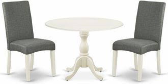 East West Furniture DMDR3-LWH-07 3 Piece Wood Dining Table Set Includes 1 Drop Leaves Dining Room Table and 2 Grey Linen Fabric Padded Chair with High Back - Linen White 