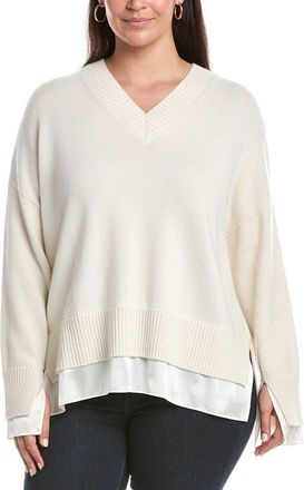 Lafayette 148 New York Plus Charmeuse Trimmed V-Neck Sweater