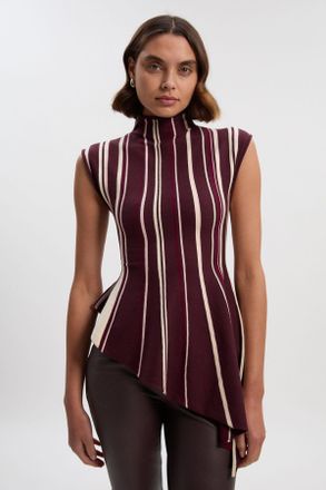 Karen Millen Womens Stripe Viscose Blend Asymmetric Hem Knit Top - Burgundy - Size X-Small