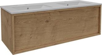 Saniclass Holz Frame Badkamermeubelset - 120x45x40cm - keramische wastafel wit - 2 wasbakken - zonder kraangaten - 1 lades - Eiken Natural