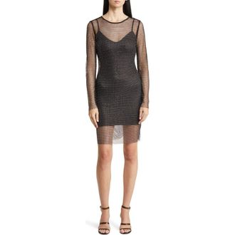 Bebe Rhinestone Mesh Long Sleeve Cocktail Minidress in Black at Nordstrom, Size Medium