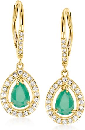 Ross-Simons Emerald and. Diamond Drop Earrings in 14kt Yellow Gold