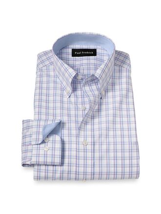 Paul Fredrick Slim Fit Non-iron Cotton Plaid Dress Shirt With Contrast Trim
