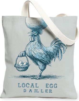 Generic Vintage Chicken Canvas Tote Bags, Rustic Farm Animal Design Reusable Grocery Bags, Lightweight Washable Shoulder Strap Canv, Light Gray, 13x15 Inch