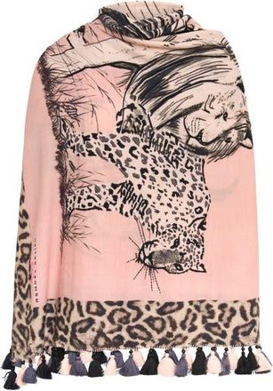Maison Common Printed And Embroidered Scarf With Tassels in safari design in Powder Rose at Nordstrom