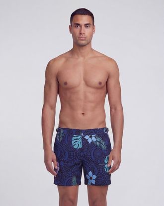 Lords of Harlech Tropical Fantasy Mens Tailored Swim Short in Tropical Fantasy Navy at Nordstrom, Size 32