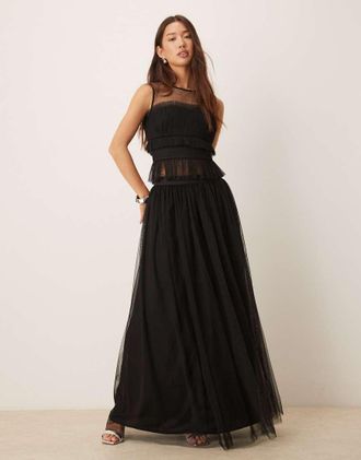 Lace & Beads Gonna lunga nera in tulle in coordinato-Nero