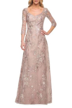 La Femme Metallic Lace Long Gown with Three-Quarter Sleeves in Mauve at Nordstrom, Size 12
