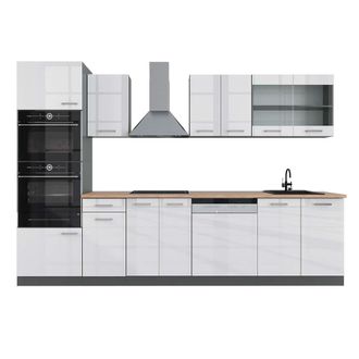 Vicco Mueble De Cocina R-line, Blanco Brillo/antracita, 300 Cm Con Armario Alto, Et Roble
