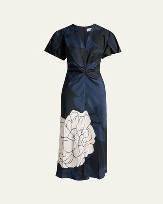 Victoria Beckham Eve Floral-Print Twill Gathered-Waist Midi Dress